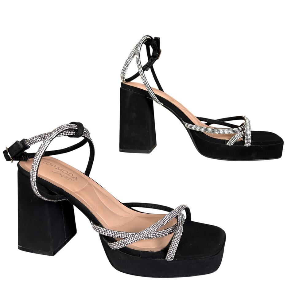 Top Moda Rhinestone Sandals Women Size 7.5 Black Velvet Strappy Glam Block Heels